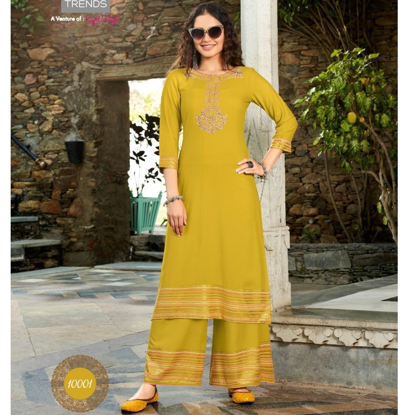 Diya Trends Women Lemon Yellow Foil Printed Kurta with Flared Palazzos