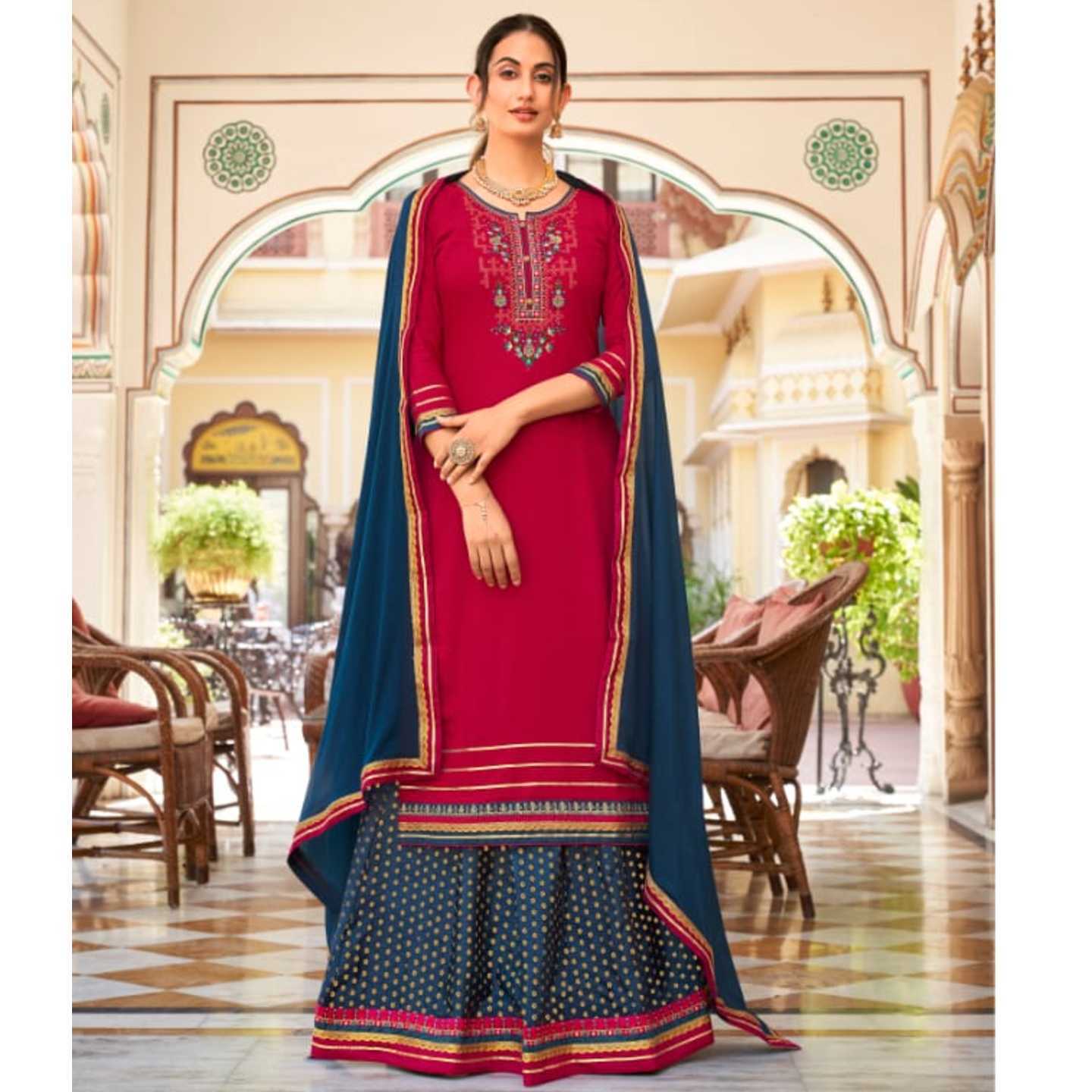 Talk By Fashion Women Jam Silk Embroidered Long Kurta with Skirt and Dupatta Set 