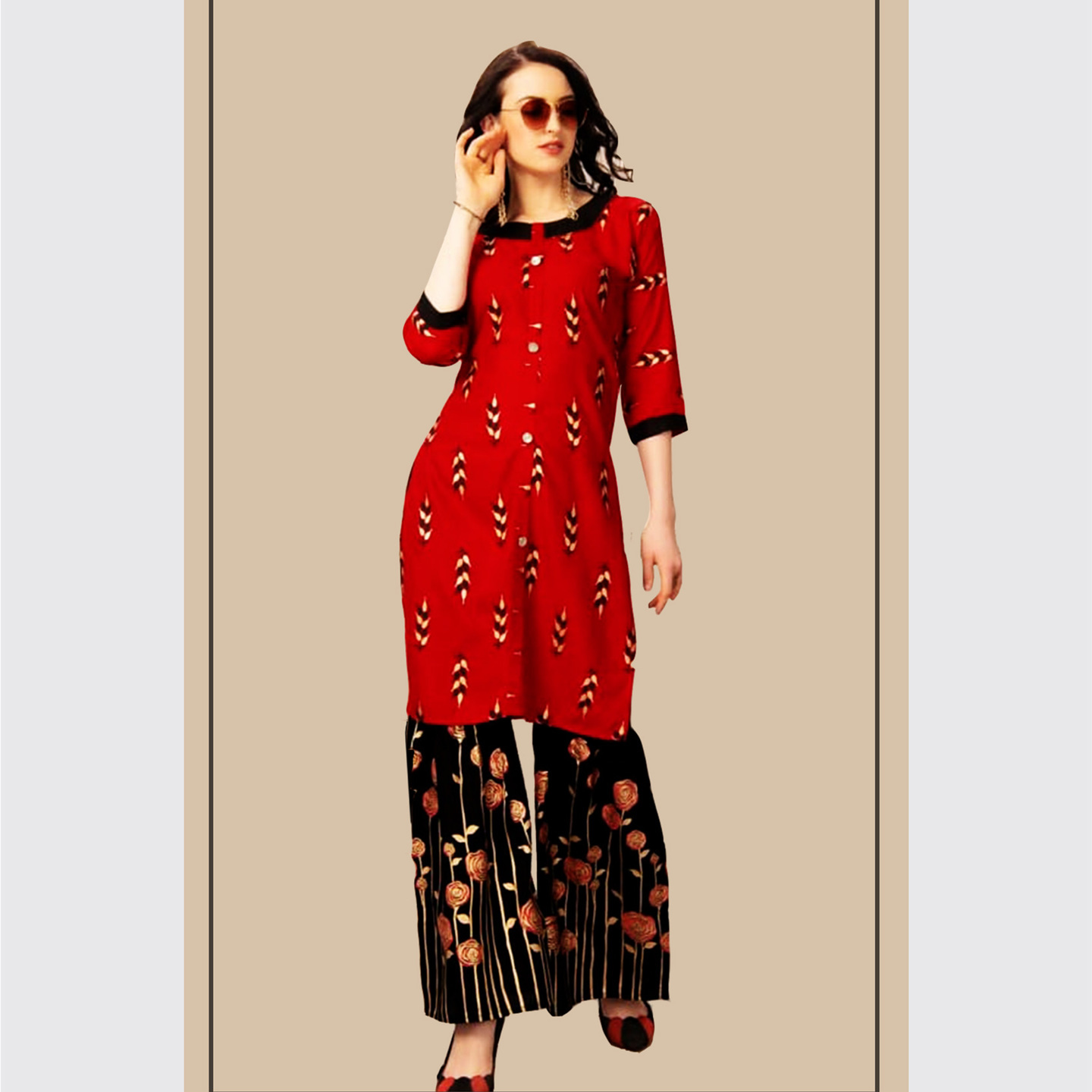 Talk By Fashion Women Rayon Gold Printed Kurti with Palazzo Set Red