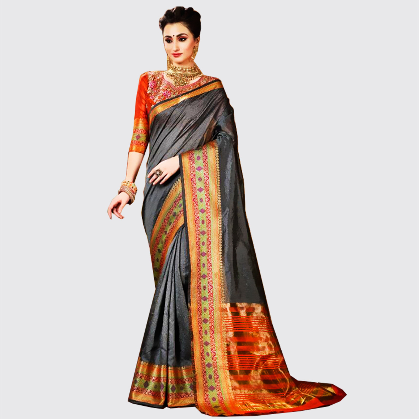 Talk By Fashion Women Banarasi Silk Saree Grey with Orange Blouse