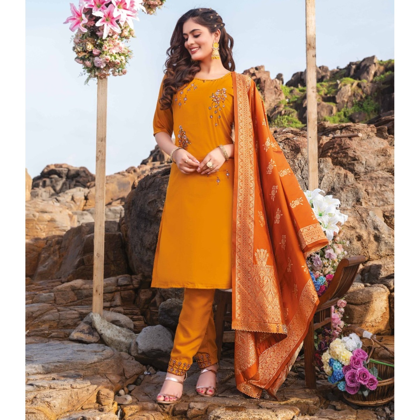 TALK BY FASHION Women Yellow Color Silk Embroidered Kurta with Pants & Dupatta