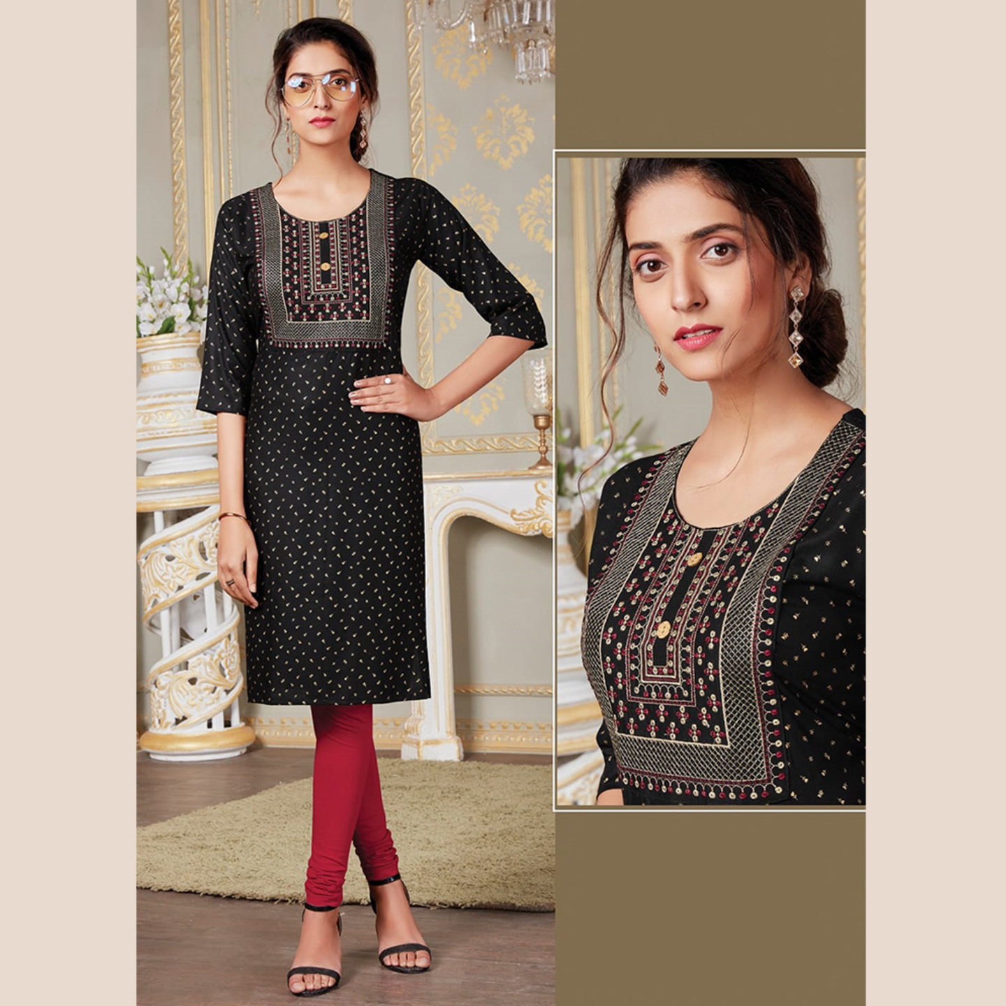 Talk By Fashion Women Black Yoke Design Straight Kurti