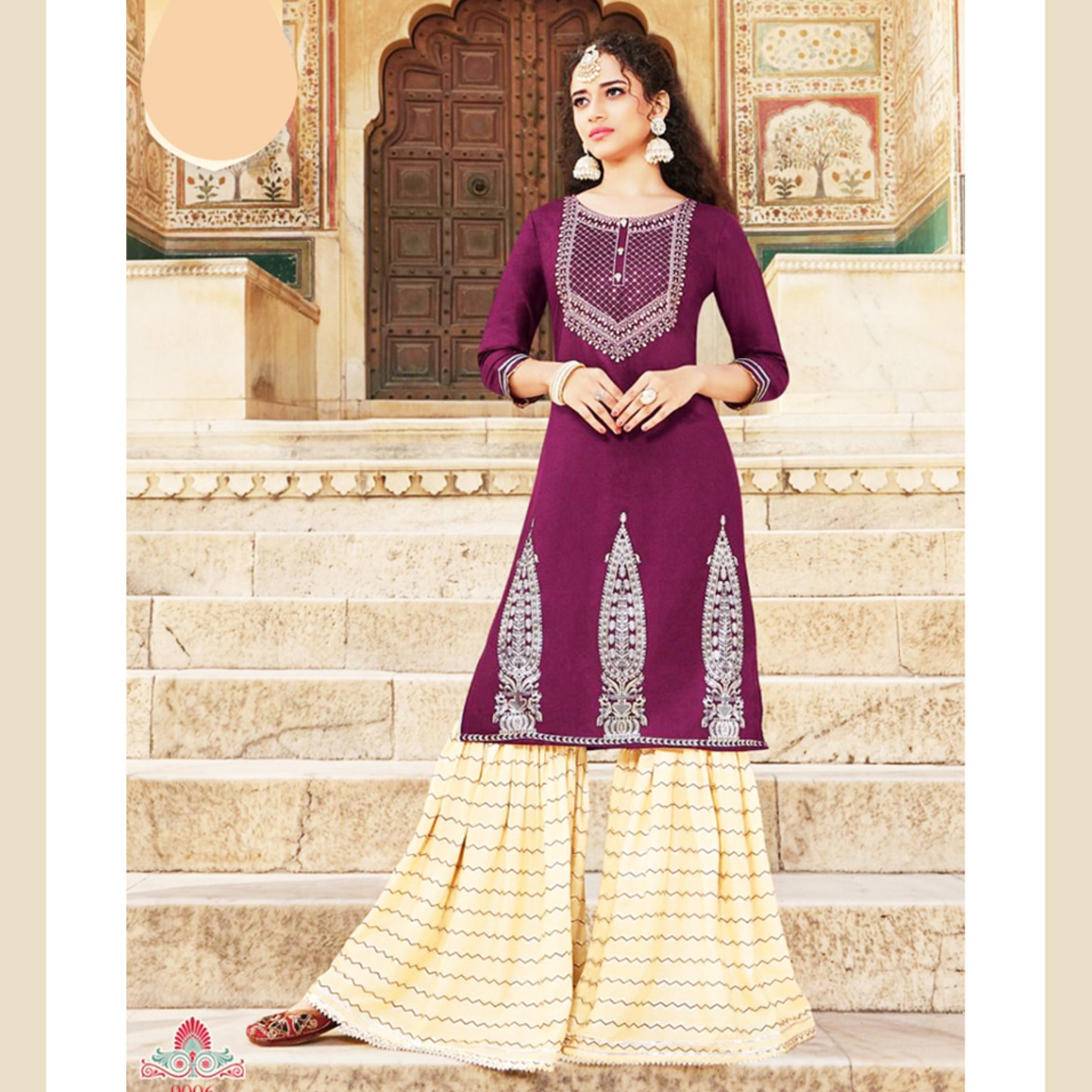 Talk By Fashion Kajal Style Women Wine Embroidered Kurta with Sharara Set