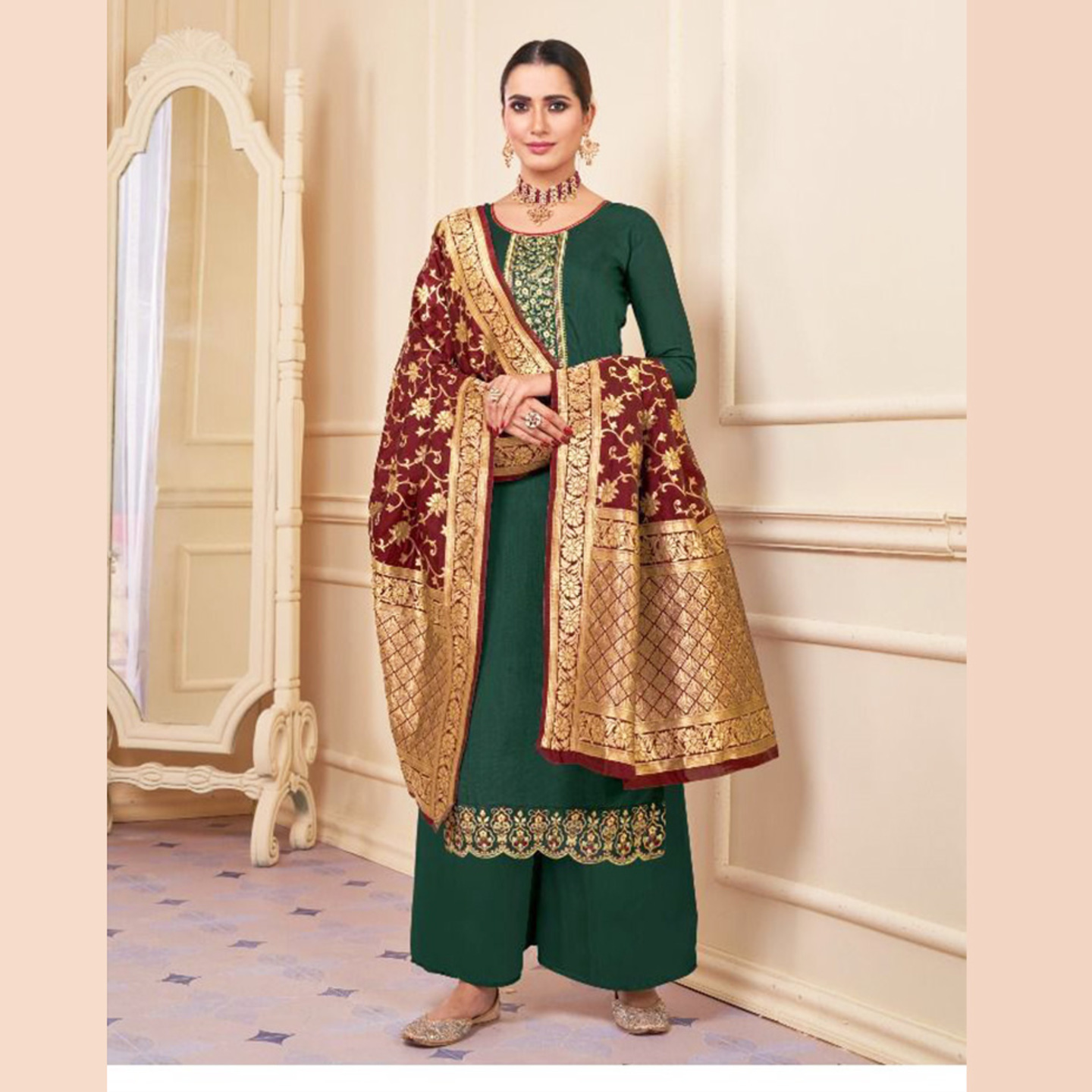 Women Bottle Green Embroidered Kurta with Palazzo & Banarasi Dupatta Set