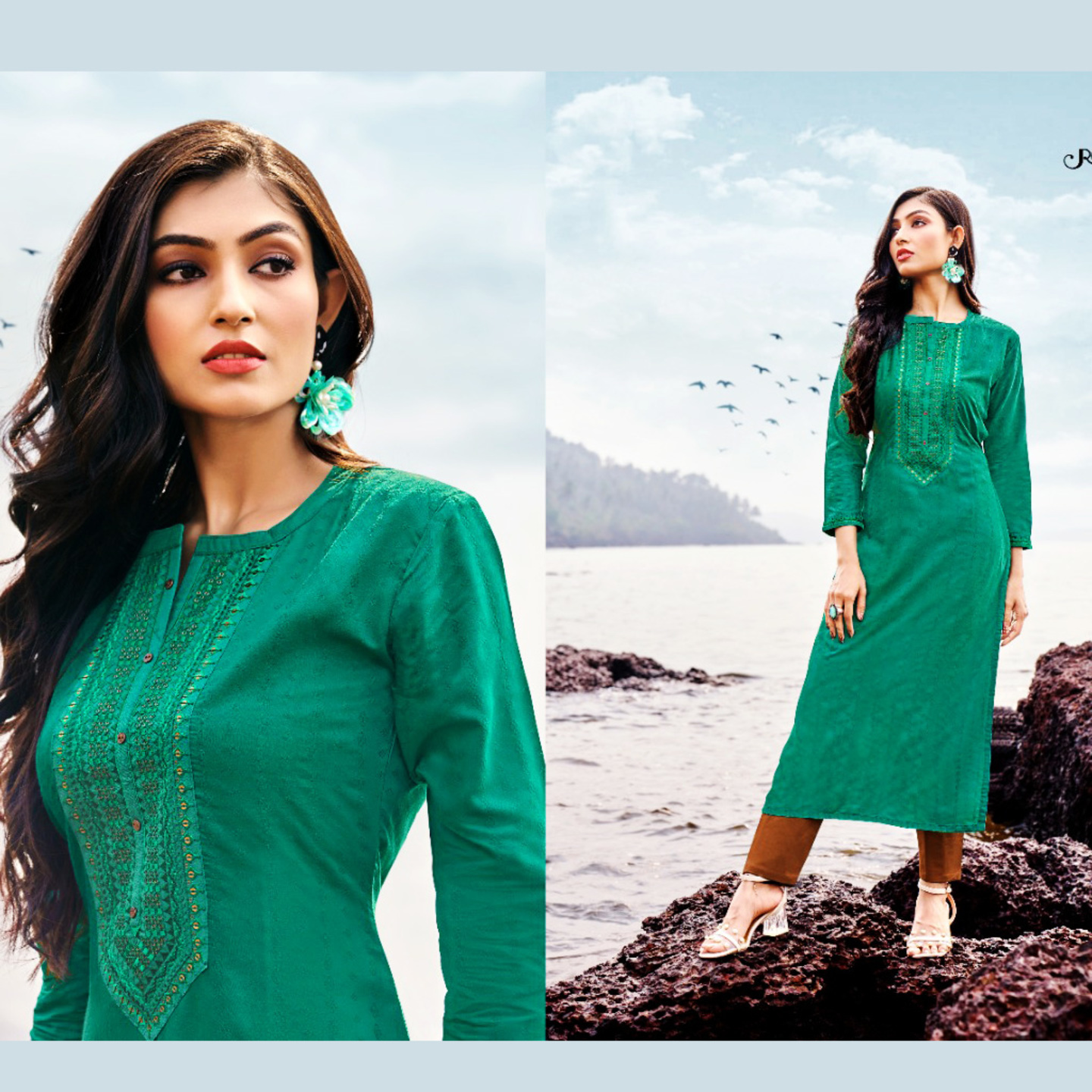 Women Dark Sea Green Embroidered Straight Kurta