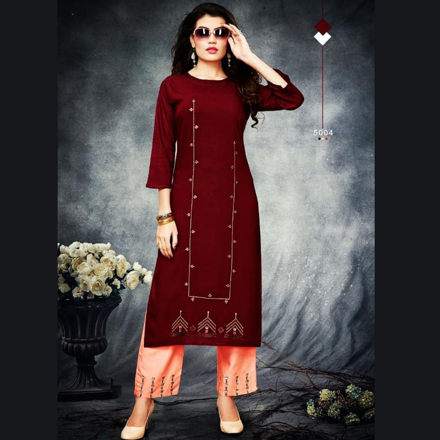 Talk By Fashion Women Embroidered Kurti with Palazzo Set Maroon