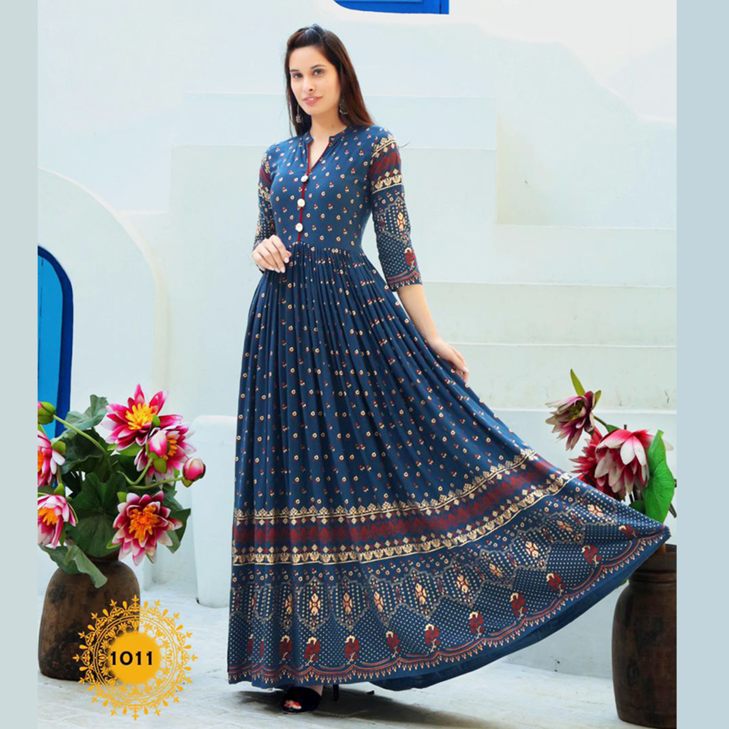 Talk By Fashion Heavy Gold Printed Flared Ethnic Wear Gown Dress