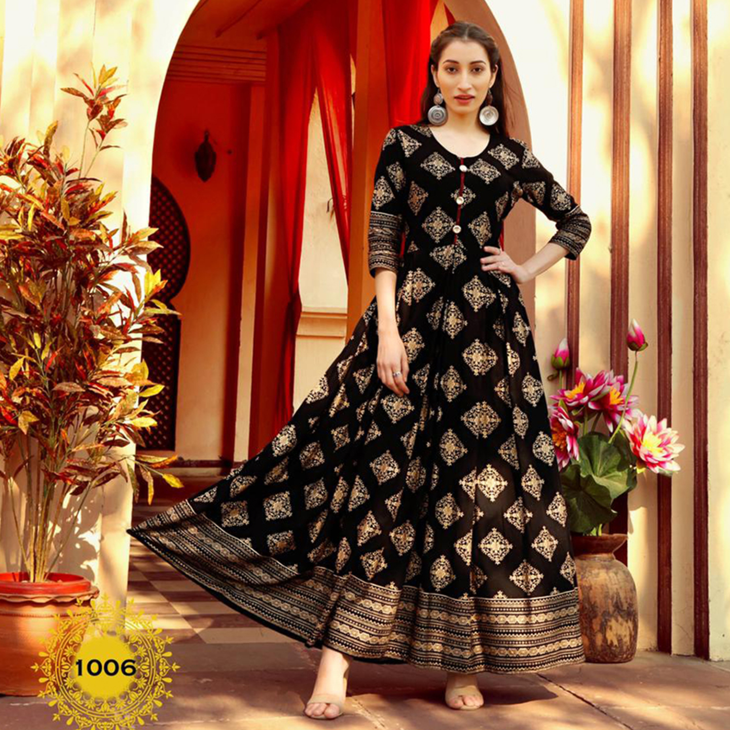 Talk By Fashion Heavy Gold Printed Flared Ethnic Wear Gown Dress