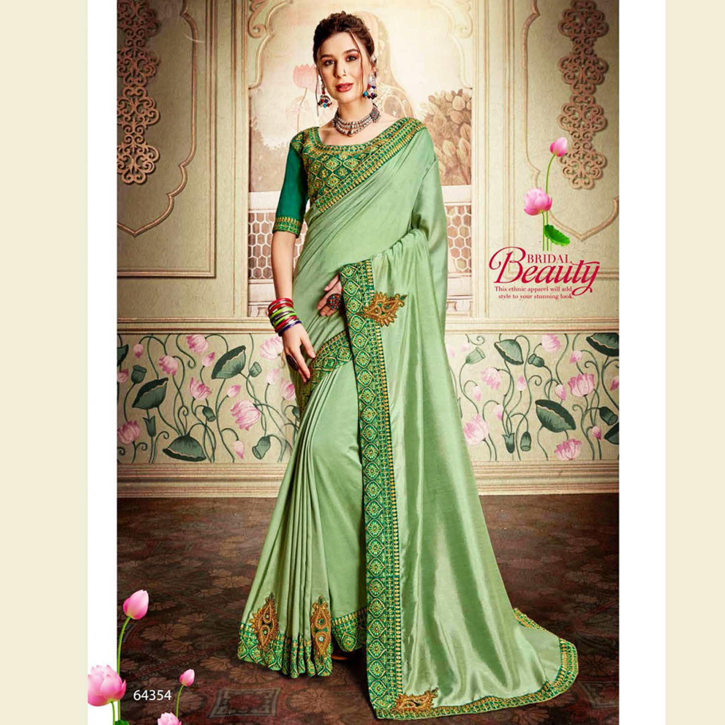 Talk By Fashion Women Heavy Embroidered Wedding Wear Silk Saree Green