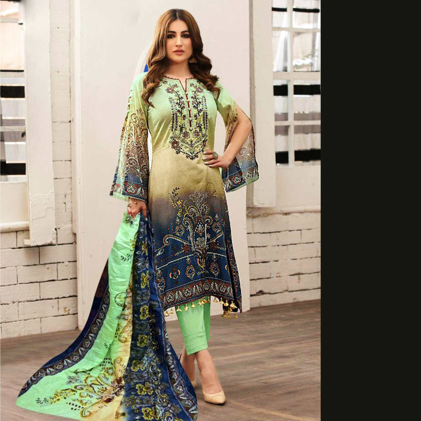 Talk By Fashion Women Pure Lawn Cotton Karachi Dress Material Green