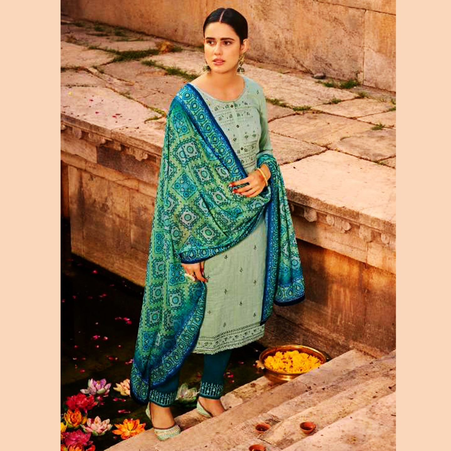 Talk By Fashion Women Light Green Silk Linen Kurta Pants with Dupatta Set