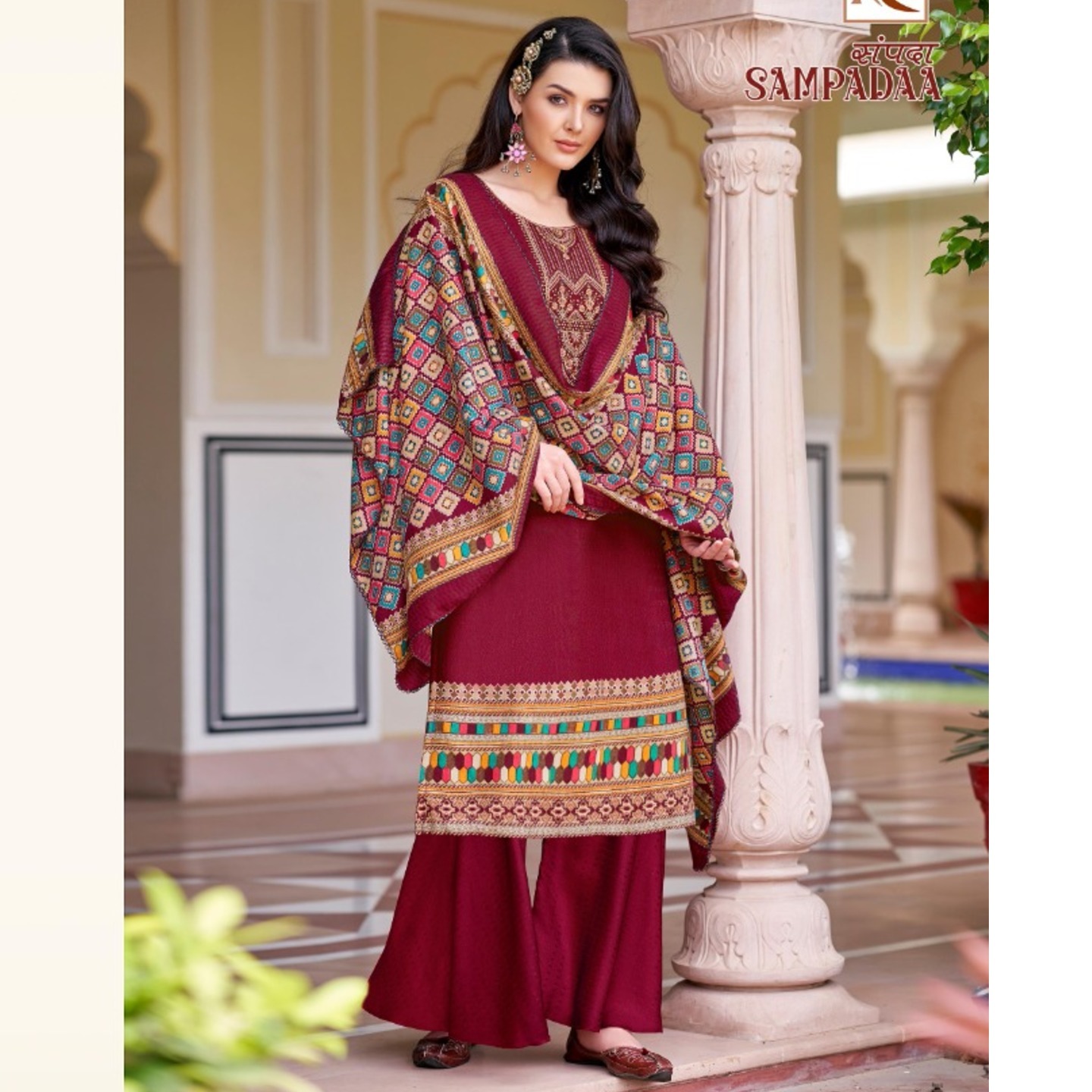 Women Wine Color Pure Woolen Pashmina Embroidered Dress Material 