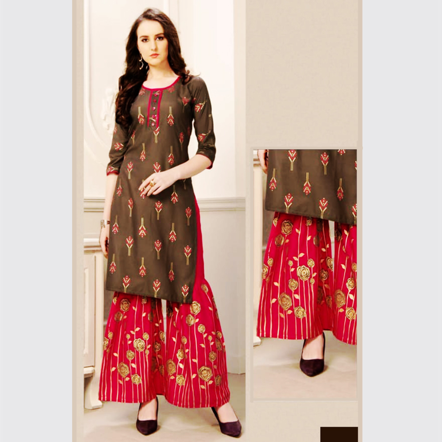 Talk By Fashion Women Rayon Slub Gold Printed Kurti with Palazzo Set Copper