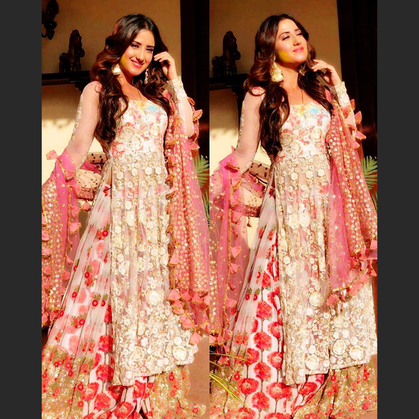 Women Cream with Baby Pink Color Embroidered Long Kurta with Lehenga Dupatta Set