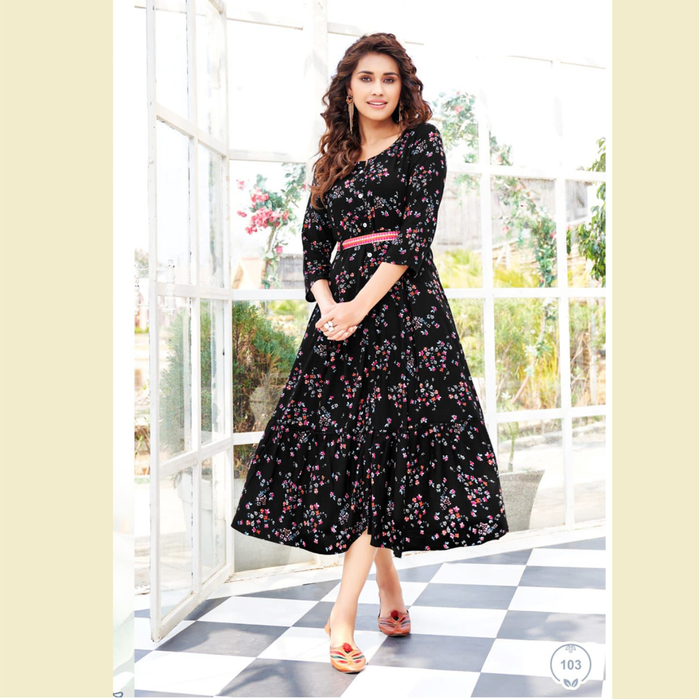 Liva Fashion Women Pure Viscose Floral Print Fancy Long Midi Dress Black