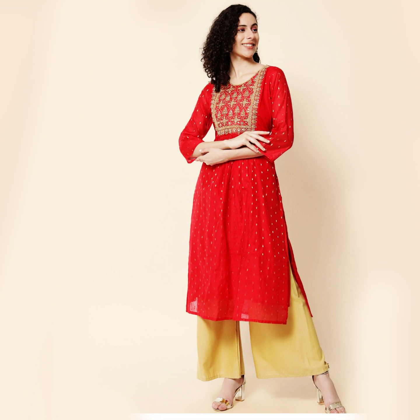 Talk By Fashion Women Viscose Chanderi Embroidered Straight Kurti Blooming Red