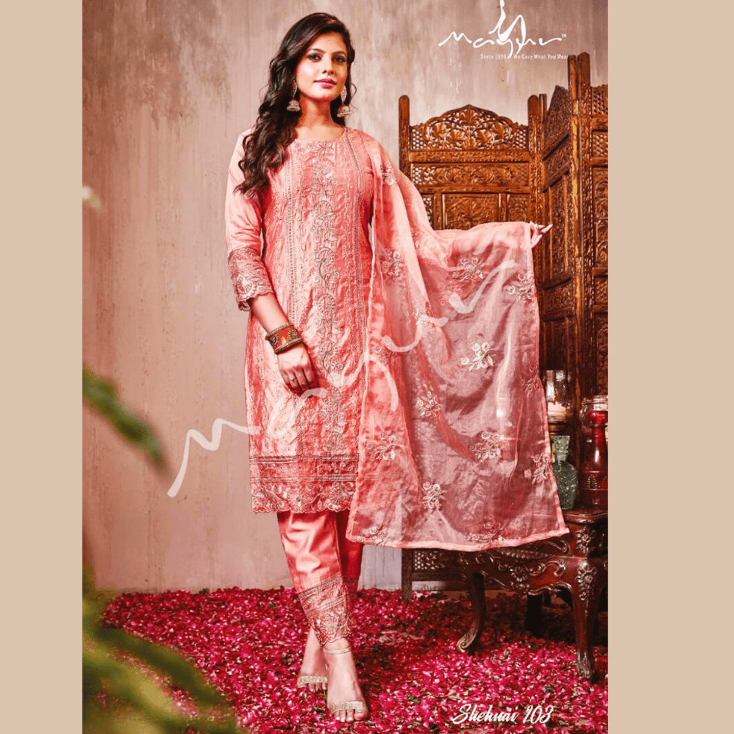 Talk By Fashion Women Light Peach Color Silk Linen Kurta Pants with Dupatta Set