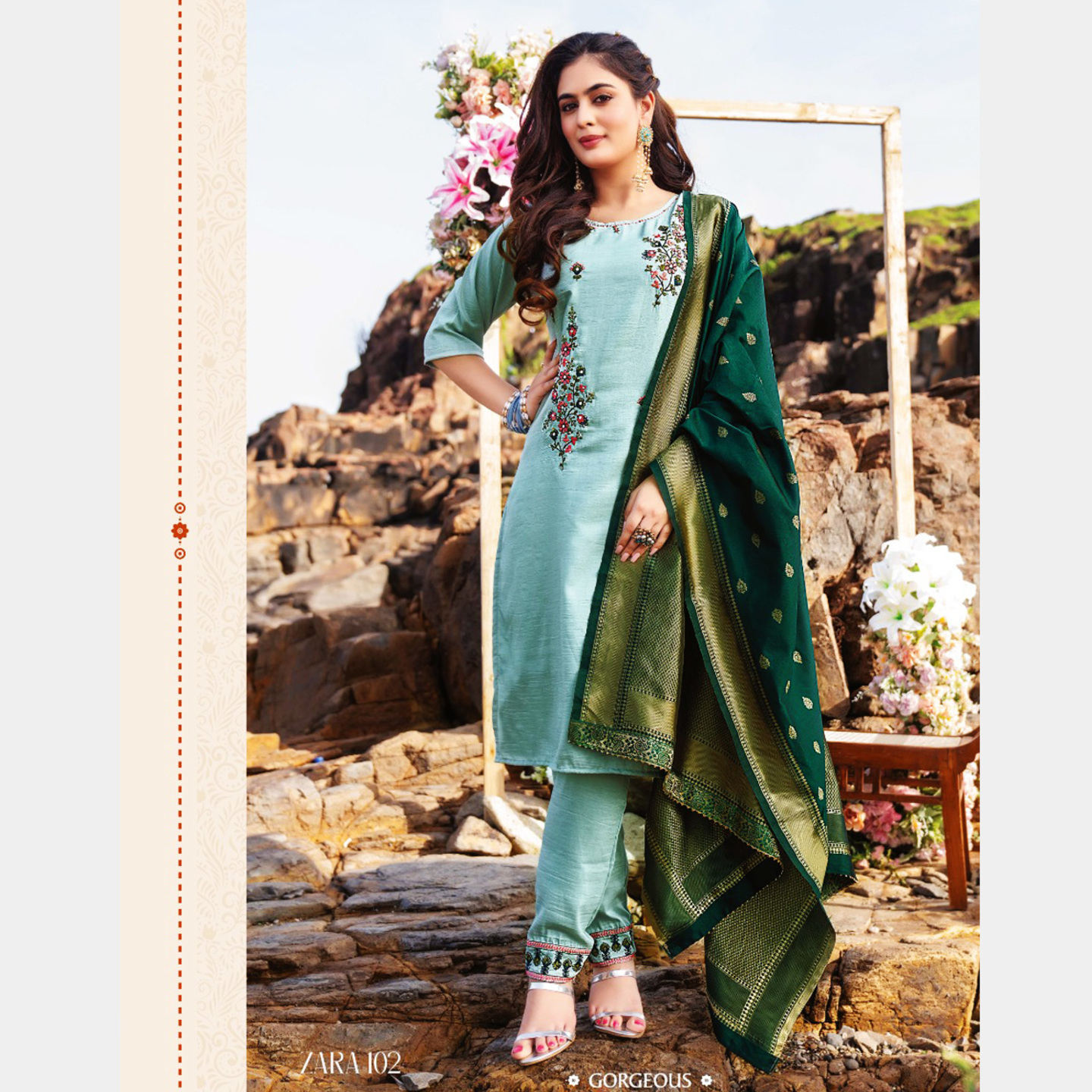 TALK BY FASHION Women Silk Embroidered Kurta with Pants & Dupatta Light Blue