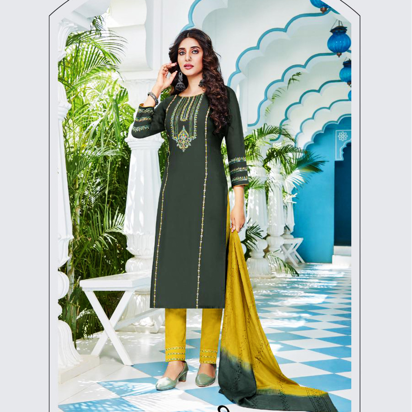 TALK BY FASHION Women Embroidered Kurta with Pants & Dupatta Dark Olive Green