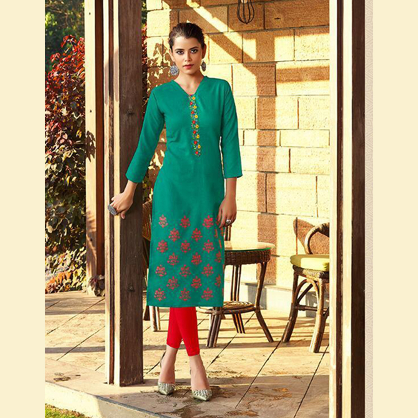 Talk By Fashion Embroidered Straight Kurti with Mask