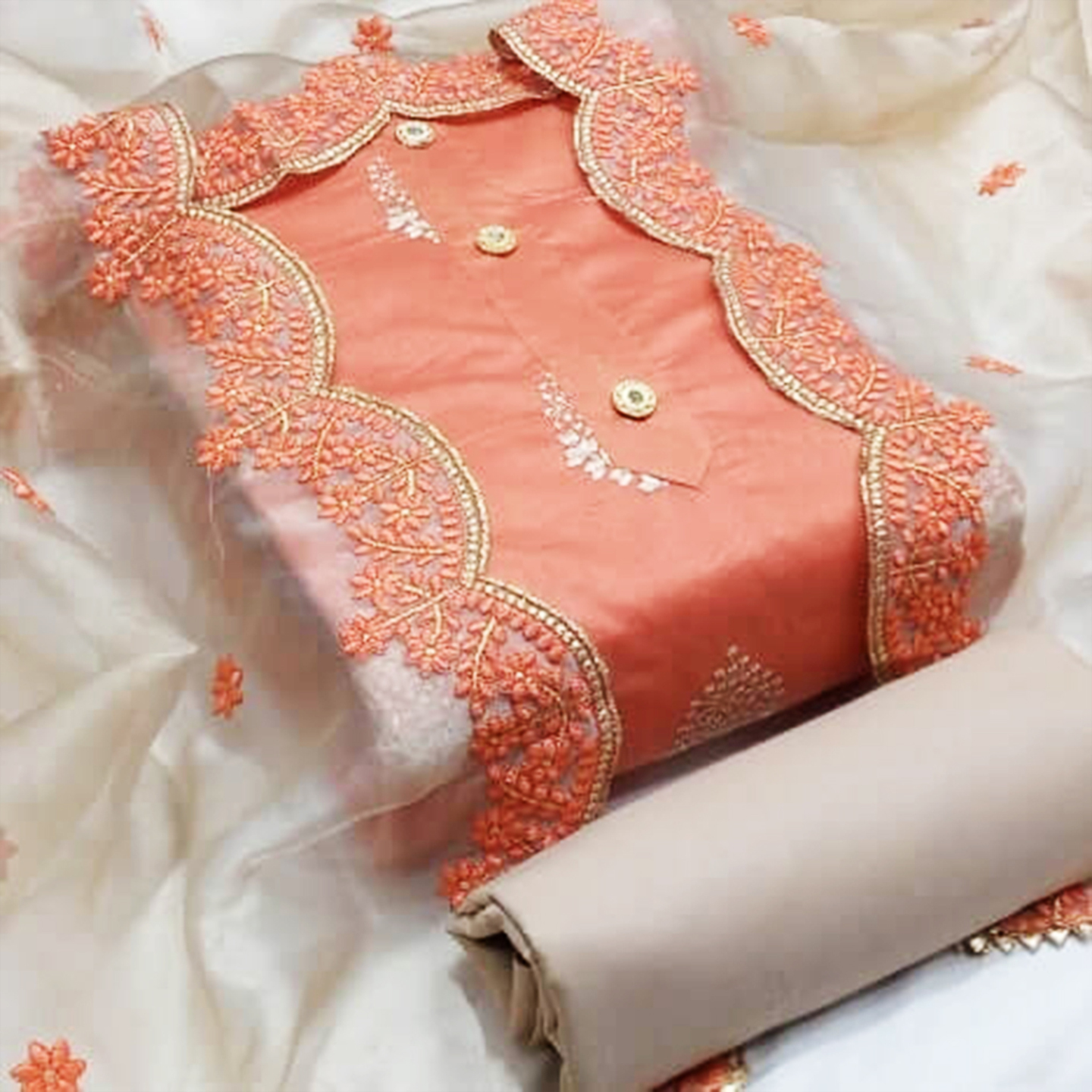 Women Chanderi Peach Color Embroidered Unstitched Dress Material