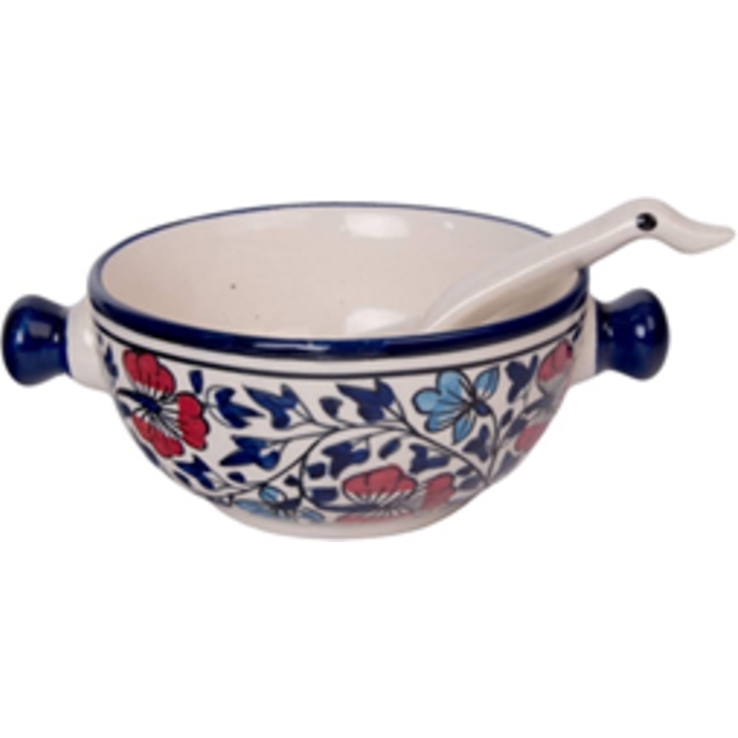 Jumbo Soup Bowls Set Ceramic 2 Bowls, 2 Spoons,Sky Blue,Set of 2,Flower Pattern, 100 Microwave Safe