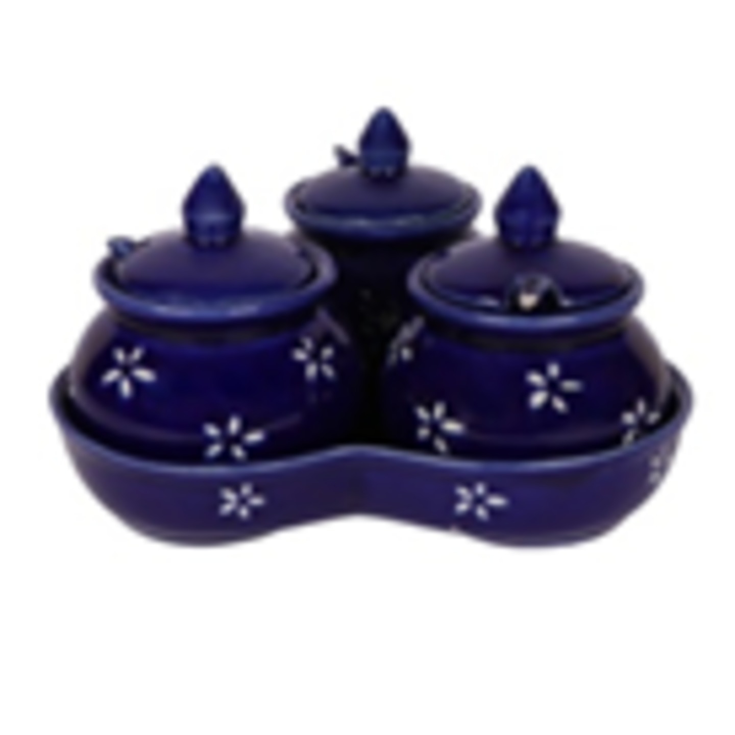 Pickle Jar Set Ceramic 3 Jars With Lids, 3 Spoons, 1 Tray, Blue ,Microwave Safe