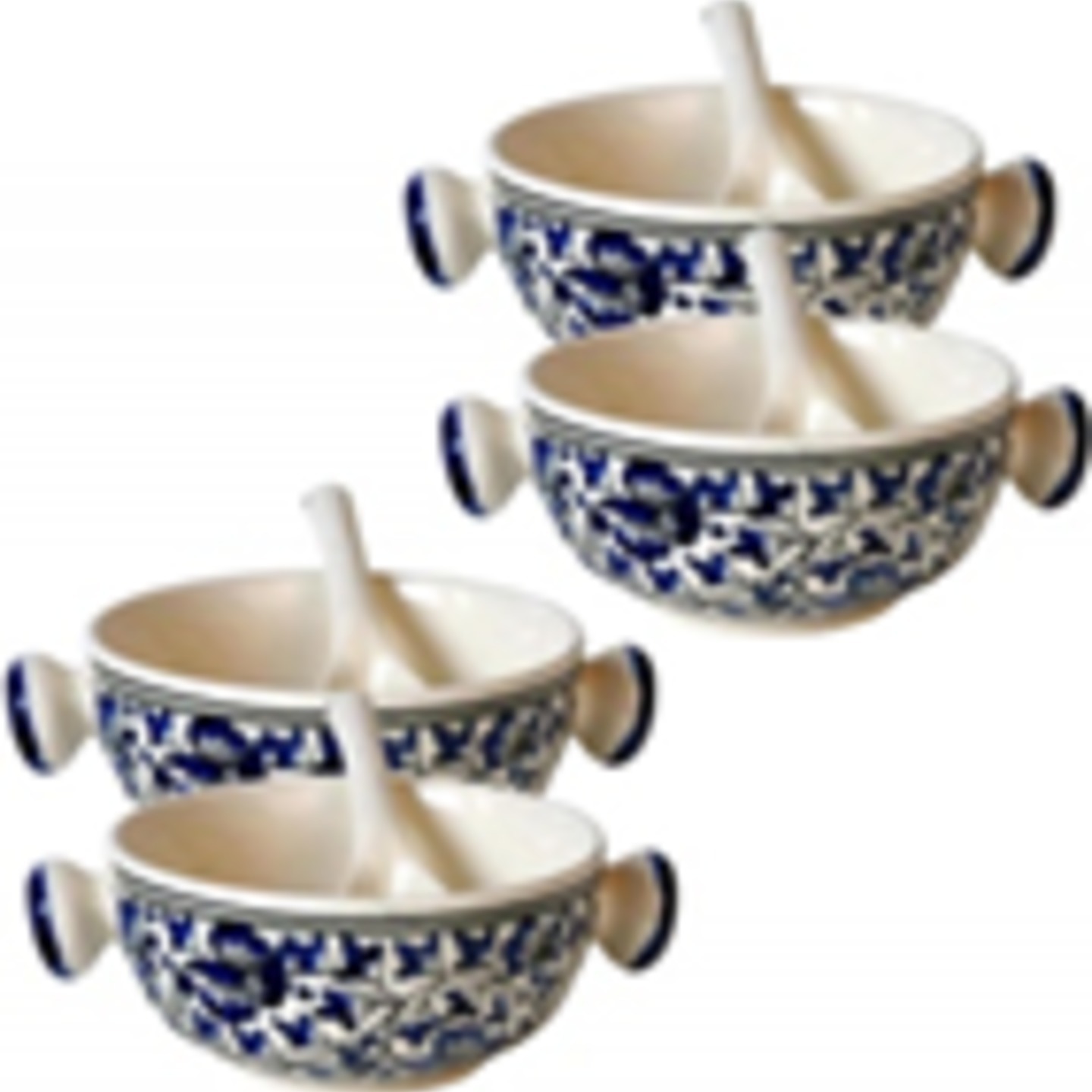 Blue Pottery Ceramic Jumbo Soup Bowl Set of 4 Bowls with Spoons  Ceramic 4 Bowls, 4 Spoons,Blue,Set of 4, Blue Flower Pattern, 100 Microwave Safe