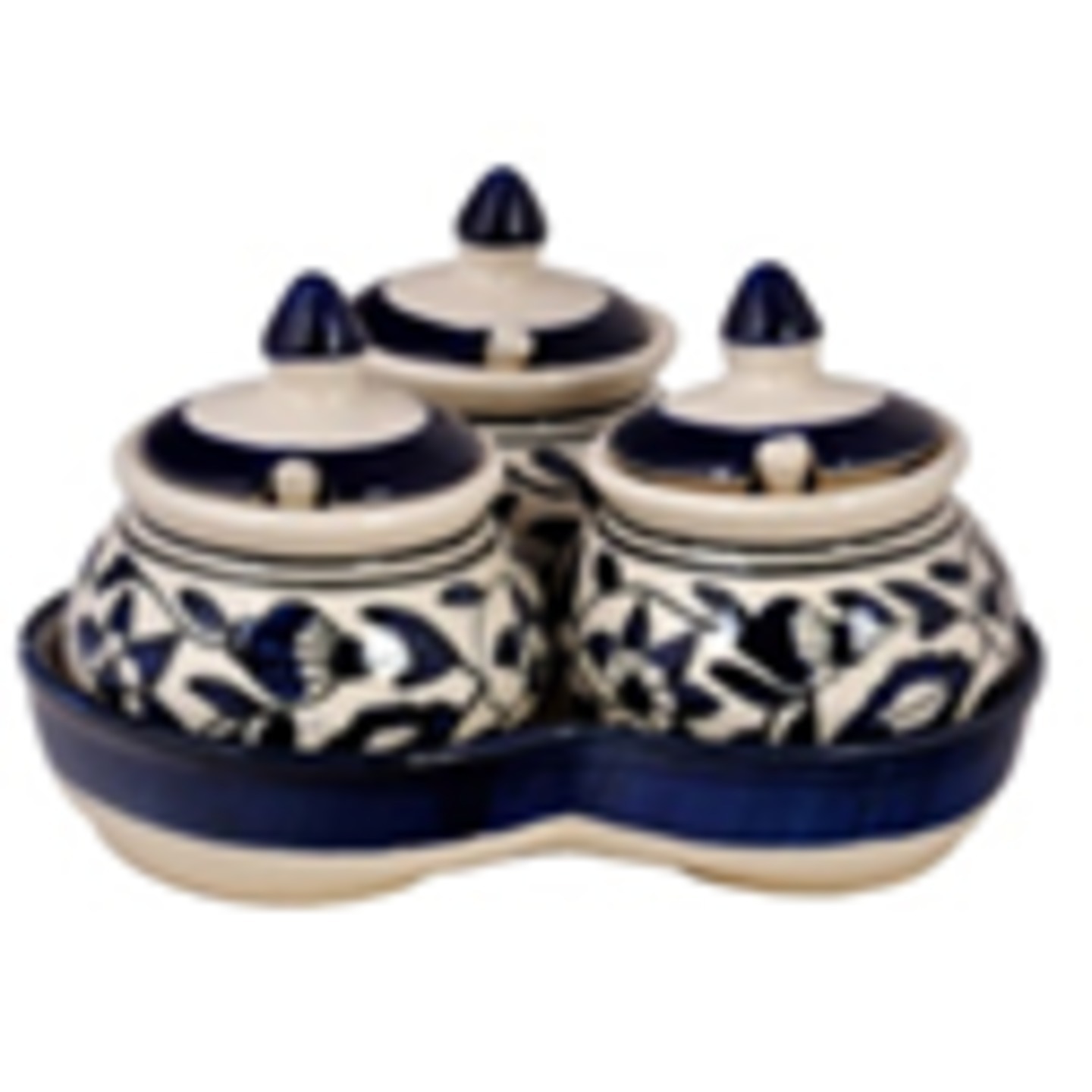 artDdecor Pickle Jar set 3 jars with lids, 3 spoons, 1 tray   Hand painted blue pottery  Achar serving Jar set for dinning table  Durable long lasting
