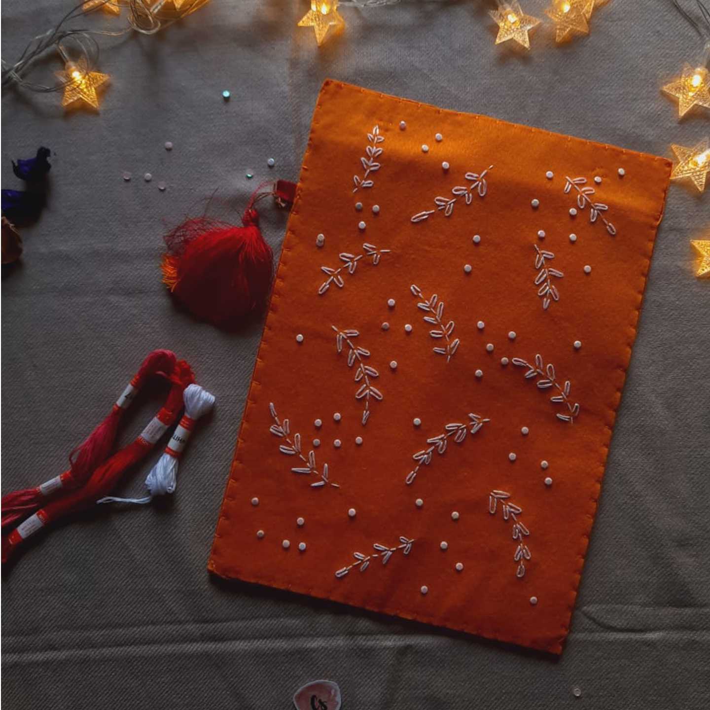 Leaves and dot - Orange Felt fabric book cover