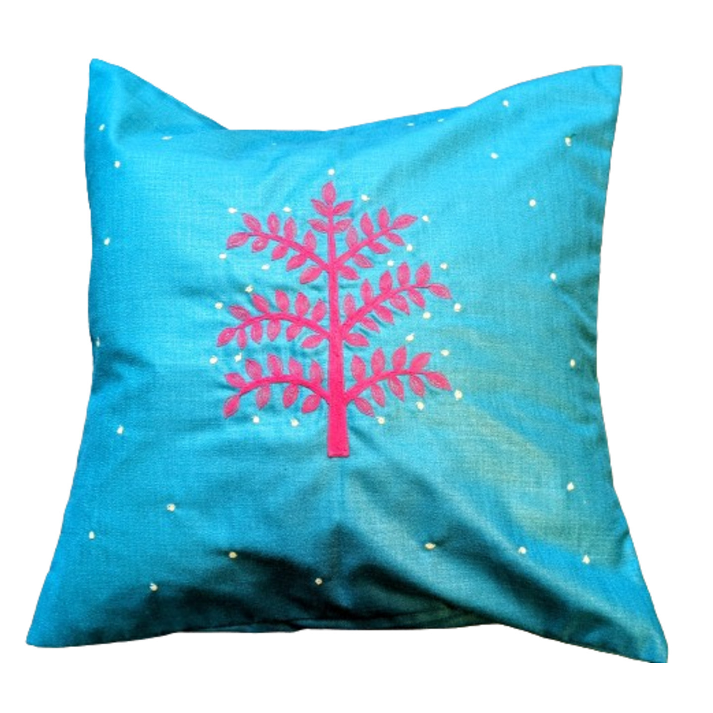 Neem Tree Embroidered Tassar Silk16x16 Green Cushion Cover