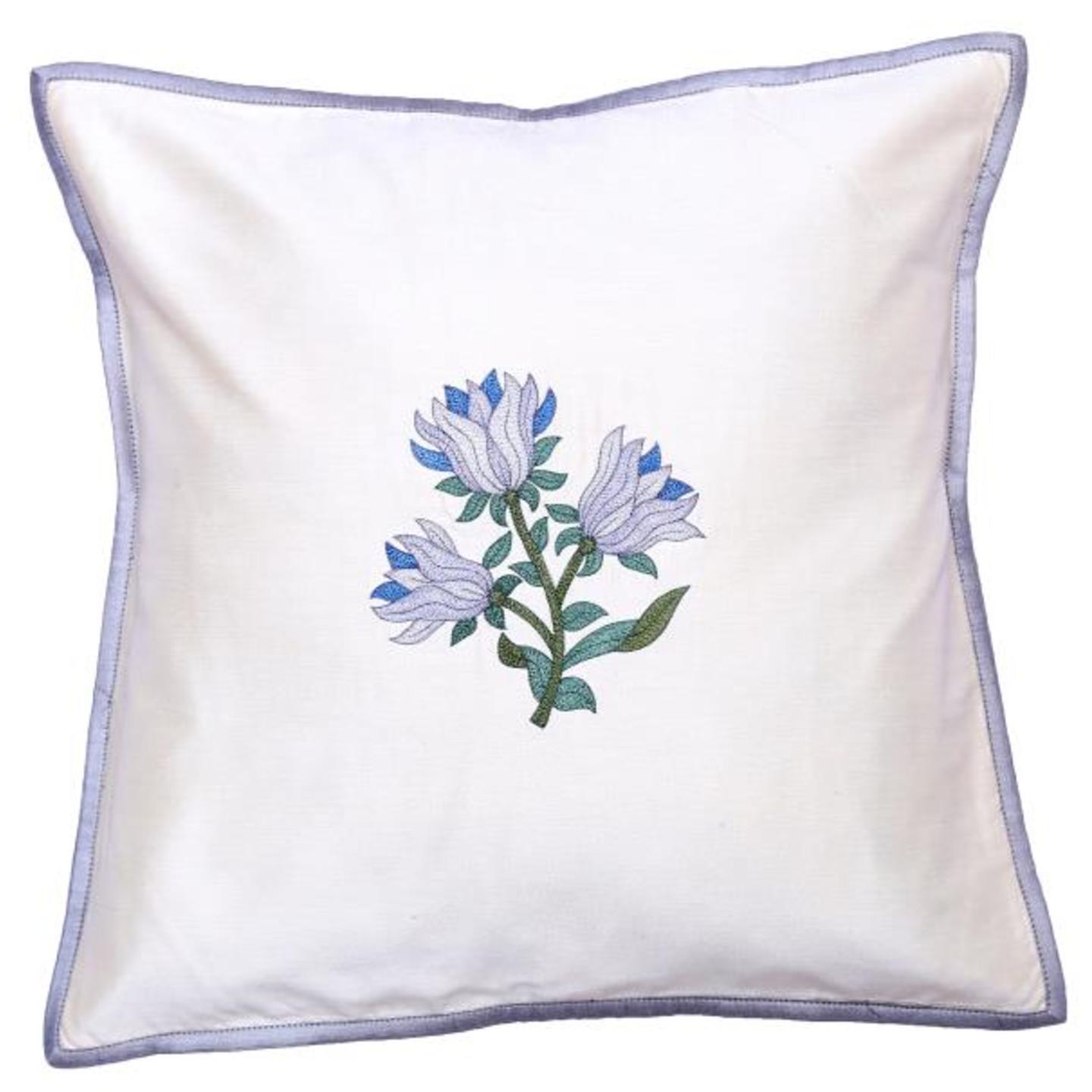 Floral Embroidered Tassar Silk 16x16 Grey Cushion Cover