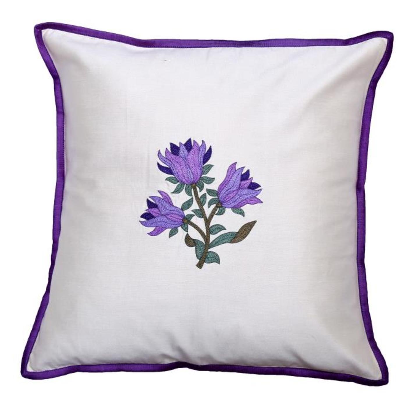 Floral Embroidered Tassar Silk 16x16 Purple Cushion Cover