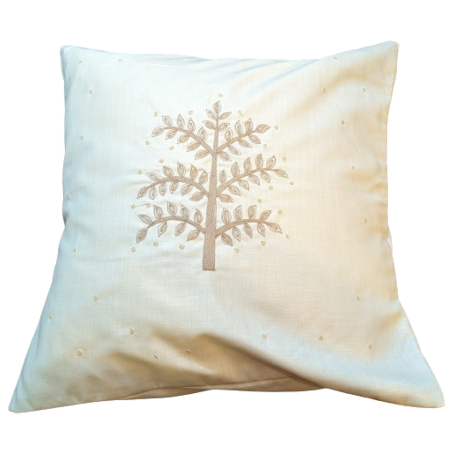 Neem Tree Embroidered Tassar Silk 16x16 Creme Cushion Cover