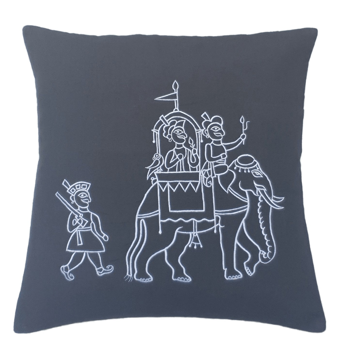 Elephant Embroidered Linen 16x16 Black Cushion Cover