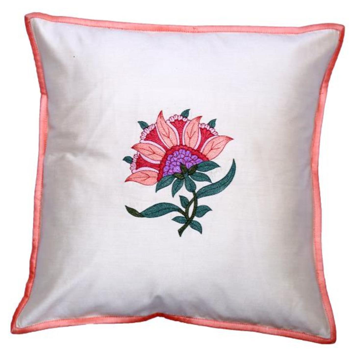Floral Embroidered Tassar Silk 16x16 Pink Cushion Cover