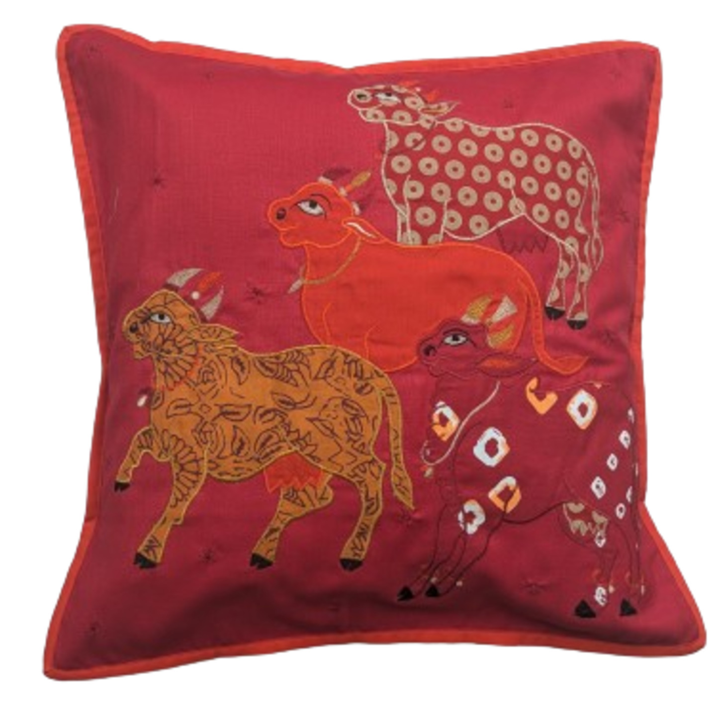 Nandi Embroidered Patchwork Dupion Silk 16x16 Red Cushion Cover