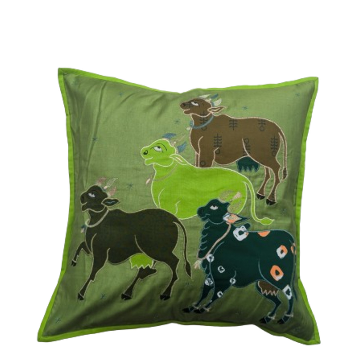 Nandi Embroidered Patchwork Dupion Silk 16x16 Green Cushion Cover