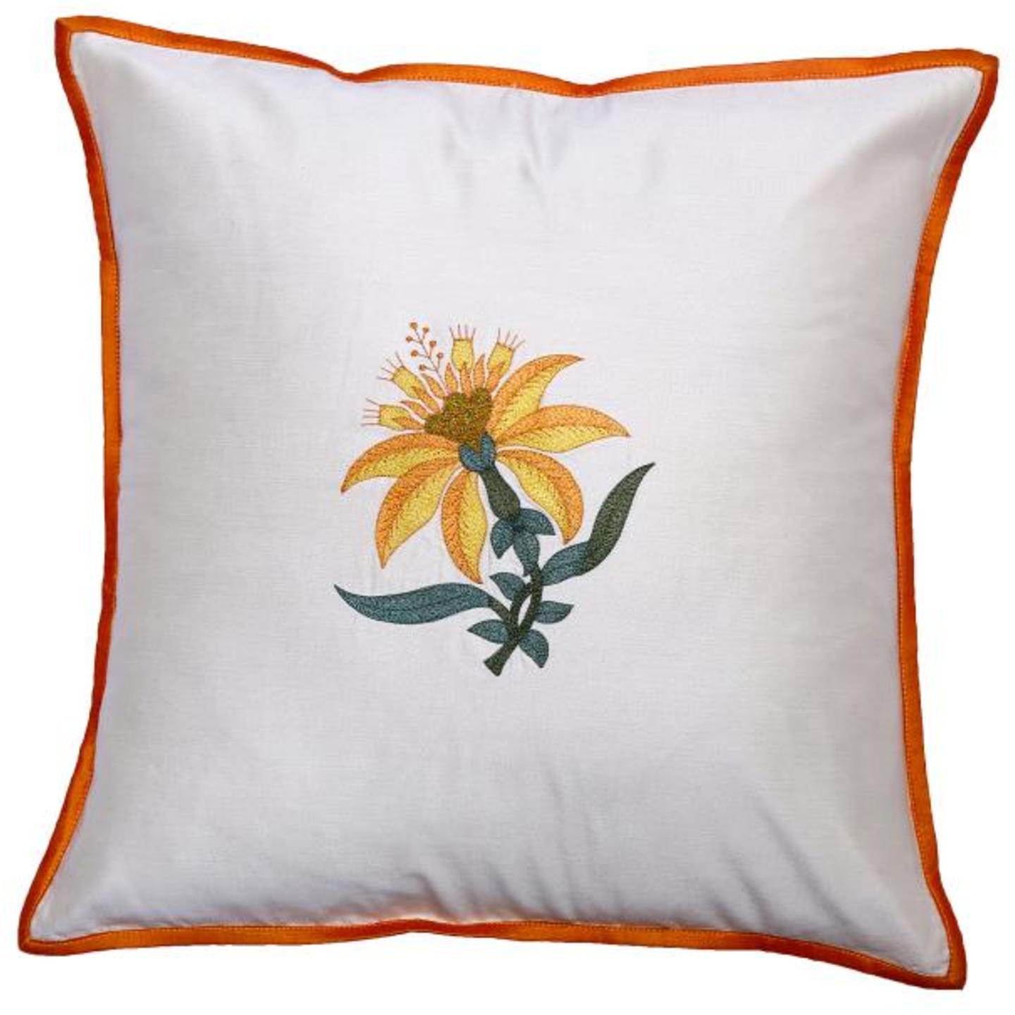 Floral Embroidered Tassar Silk 16x16 Yellow Cushion Cover