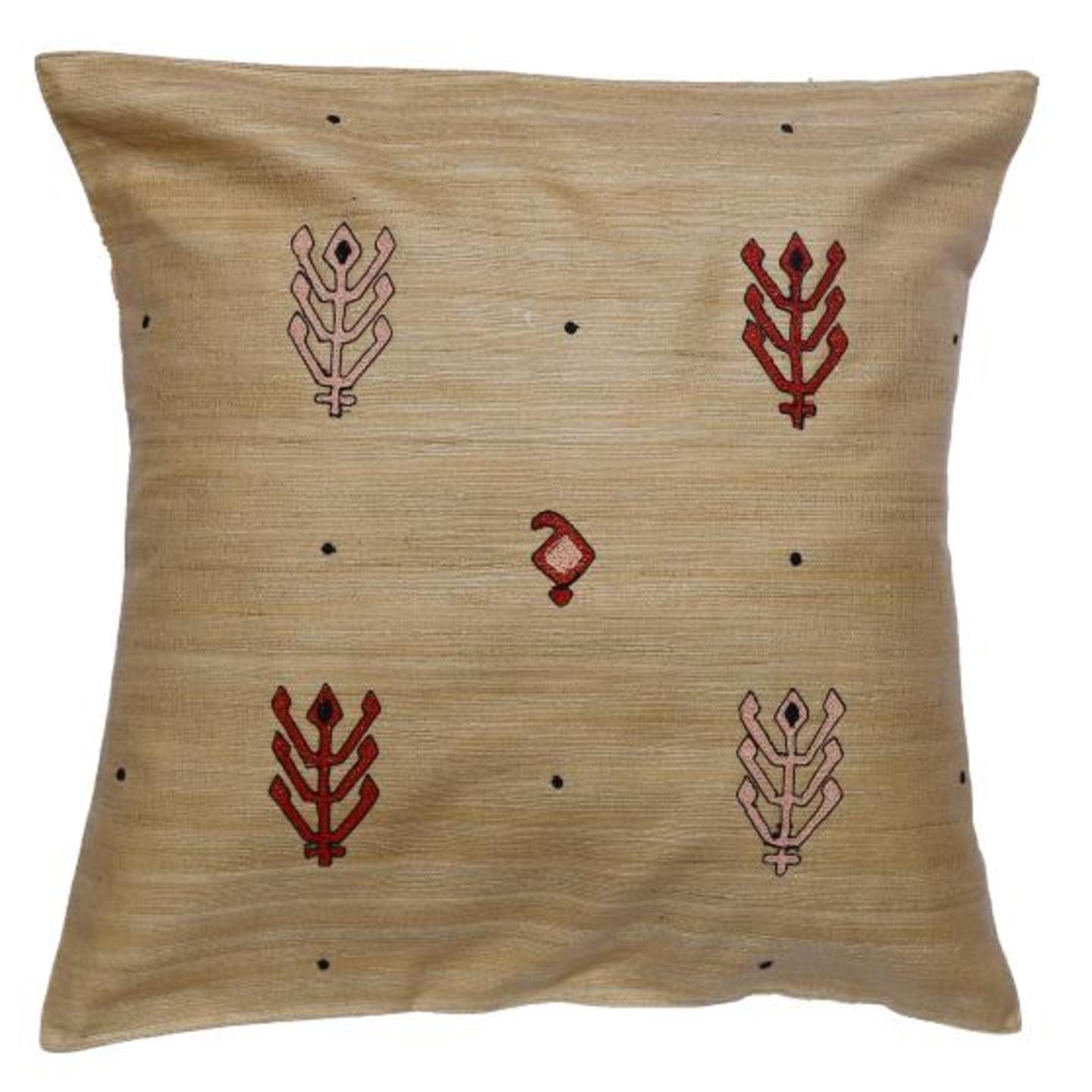 Kilim Embroidered Tassar Silk 16x16 Beige Cushion Cover