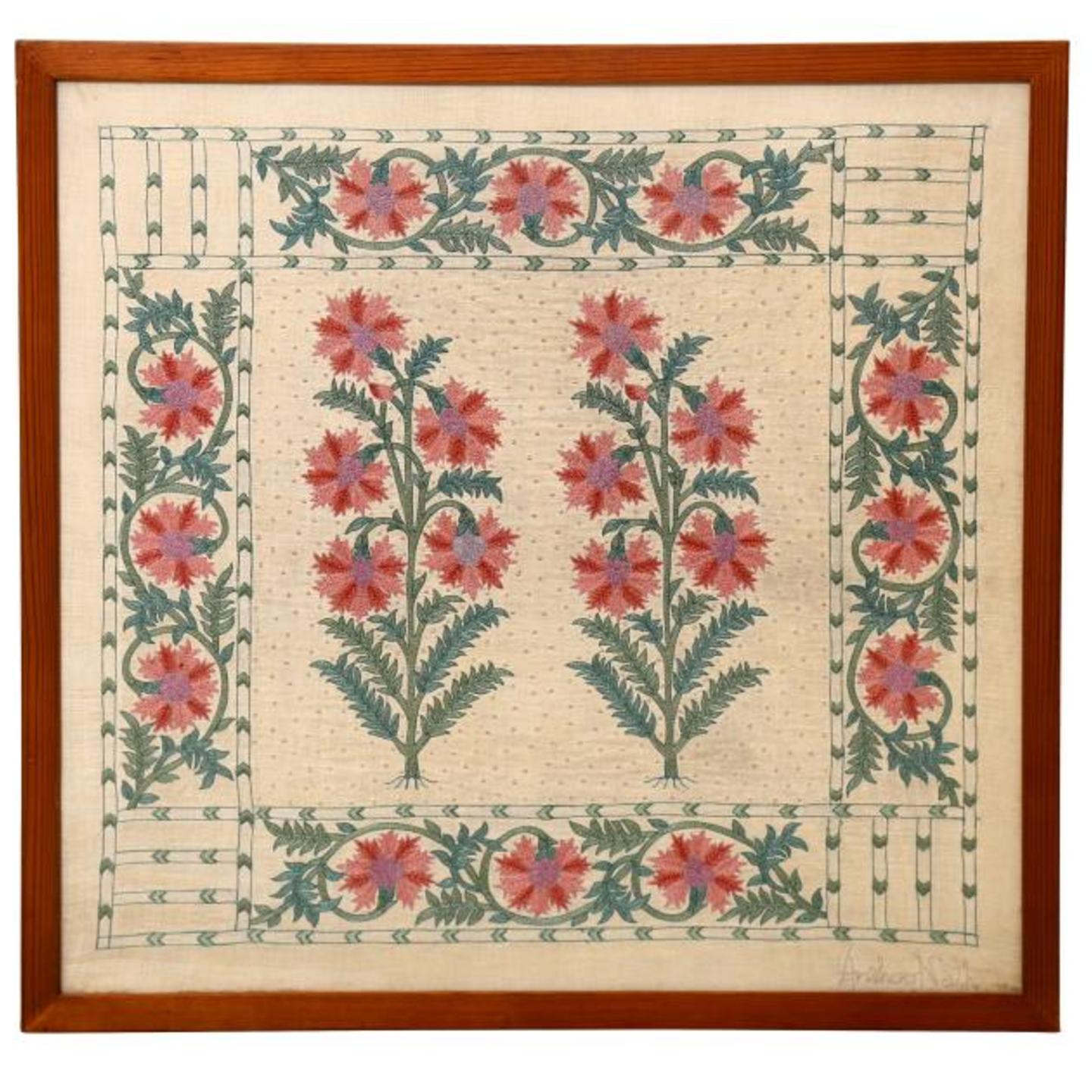 Marigold Embroidered Tassar Silk 21.5x21.5 Wall Art