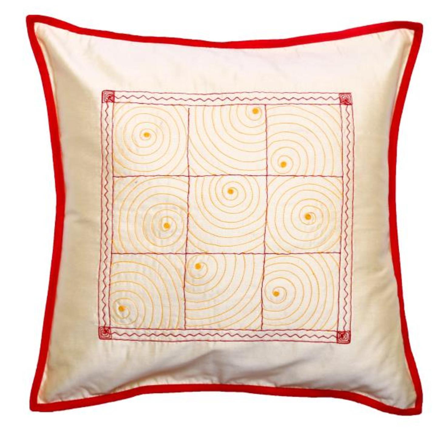 Gudri Embroidered Tassar Silk 16x16 Red Cushion Cover