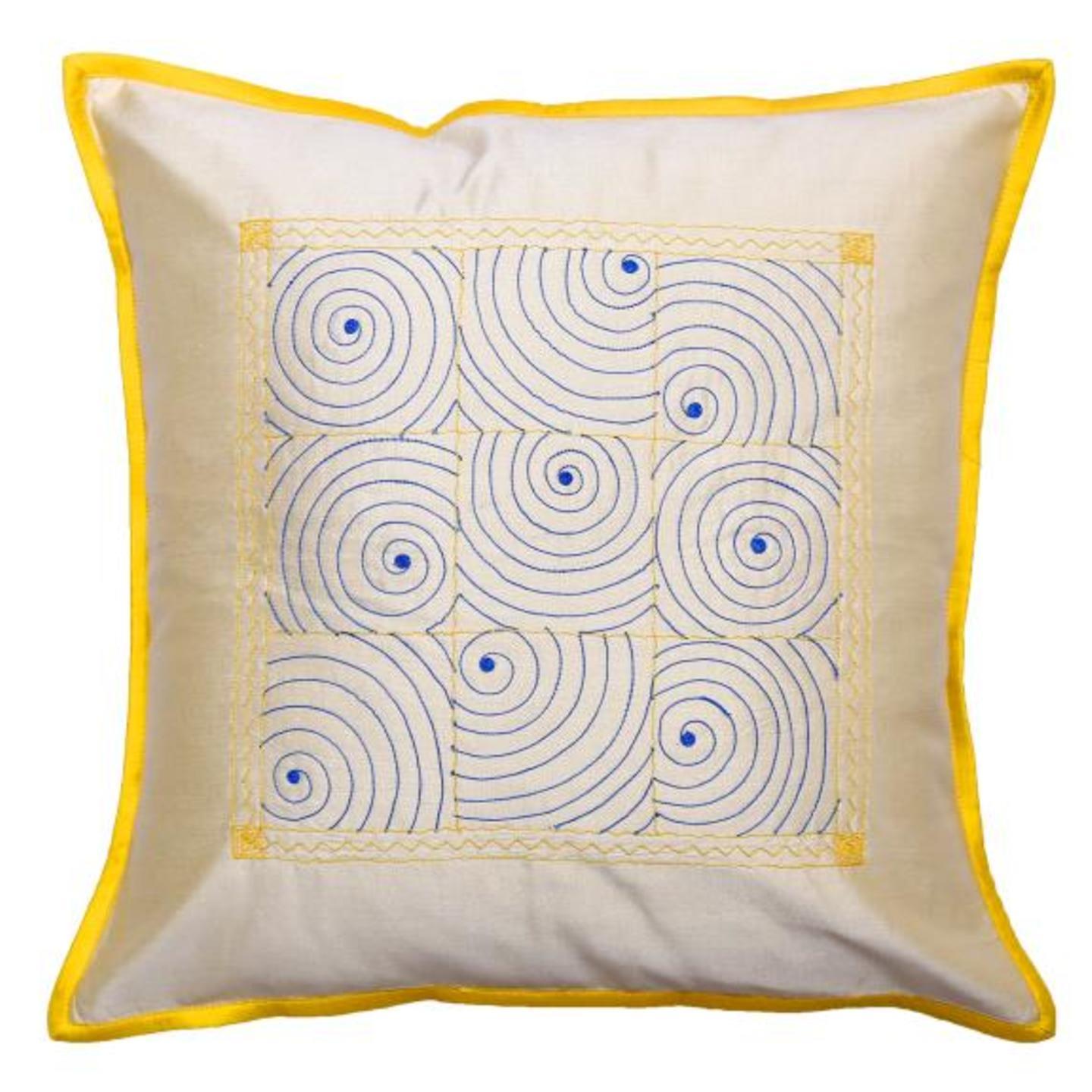Gudri Embroidered Tassar Silk 16x16 Yellow Cushion Cover