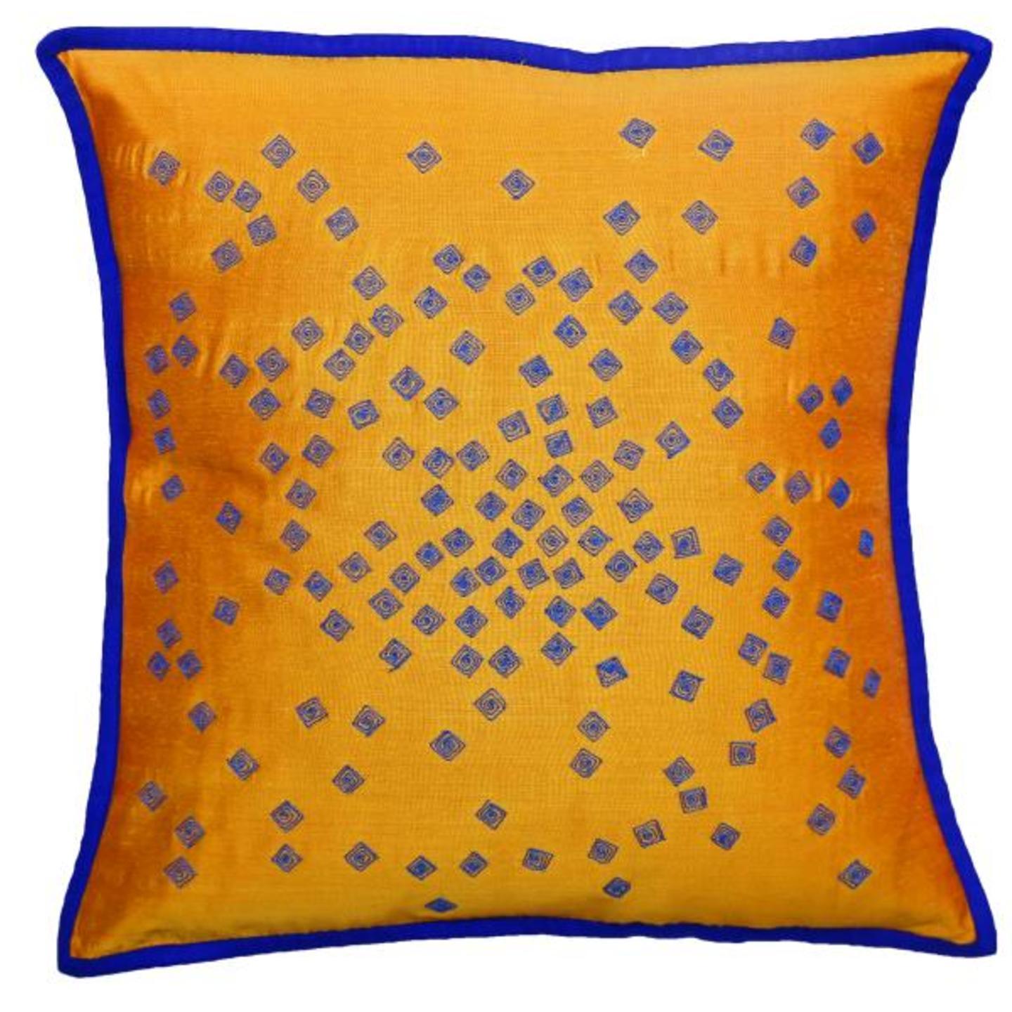 Mukesh Embroidered Tassar Silk 16x16 Yellow Cushion Cover