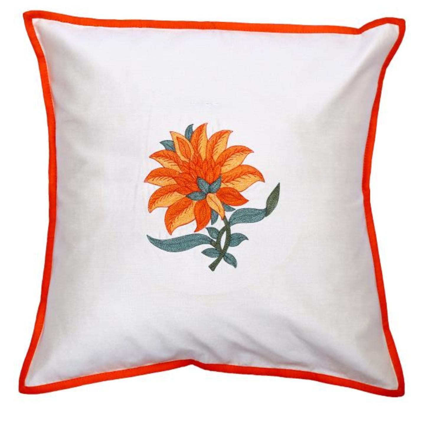 Floral Embroidered Tassar Silk 16x16 Orange Cushion Cover