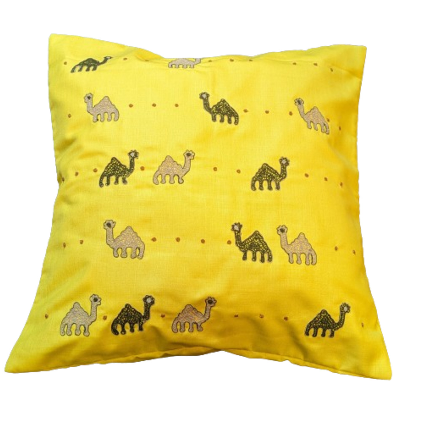 Camel Embroidered Tassar Silk 16x16 Yellow Cushion Cover