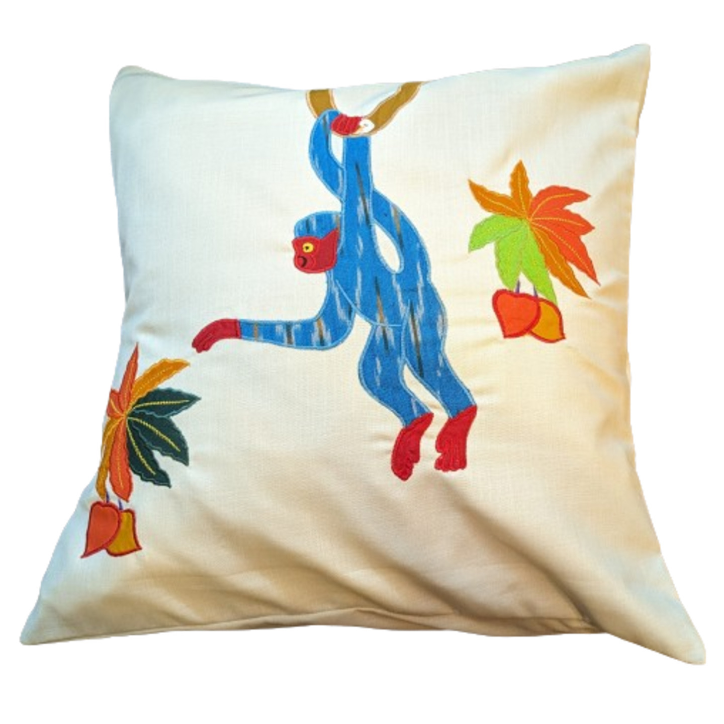 Monkey Embroidered Patchwork Silk 16x16 Blue Ikat Cushion Cover