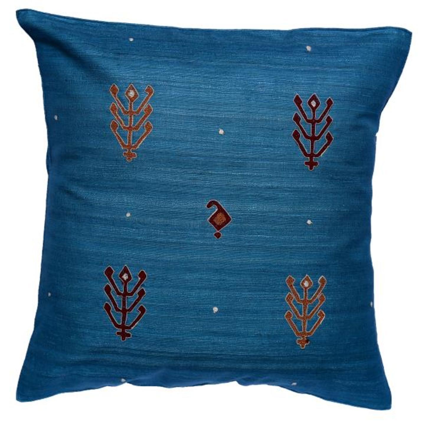 Kilim Embroidered Tassar Silk 16x16 Turquoise Cushion Cover
