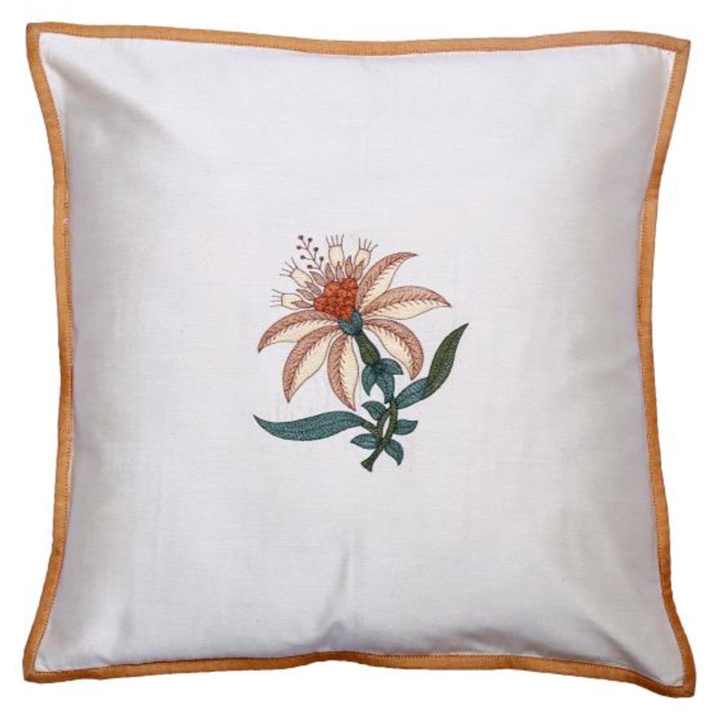 Floral Embroidered Tassar Silk 16x16 Brown Cushion Cover
