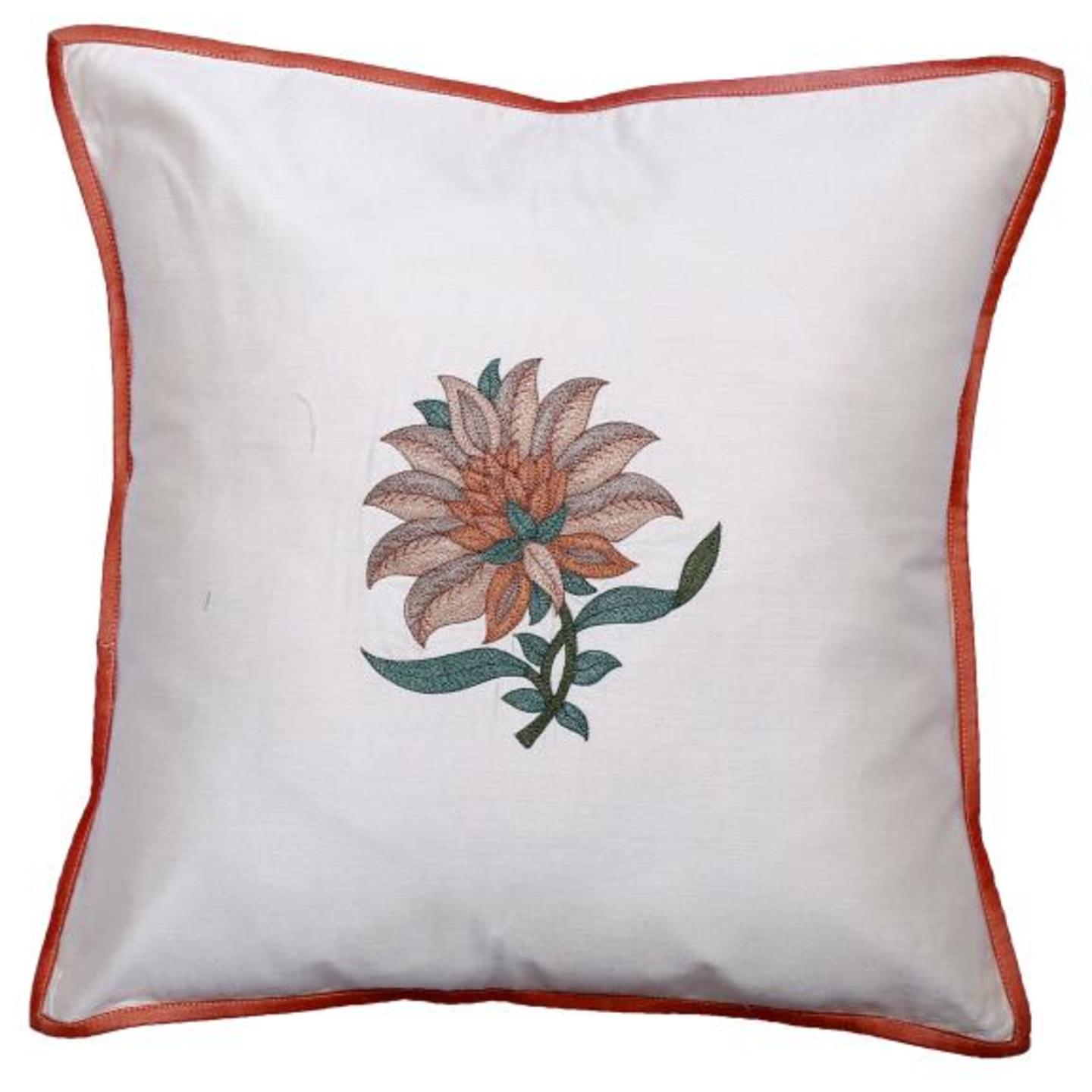 Floral Embroidered Tassar Silk 16x16 Beige Cushion Cover